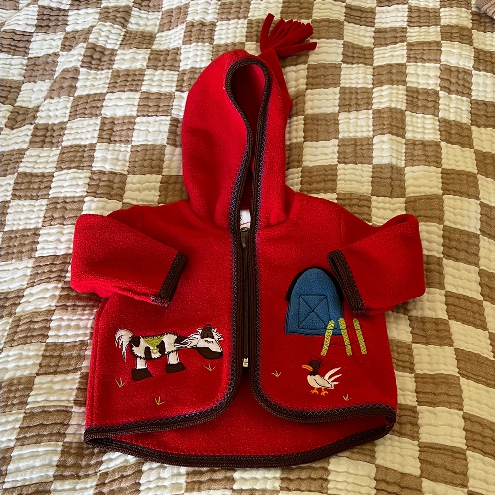 Hanna Anderson Red Hooded Baby Jacket with Farm Appliqués size 3-6 months